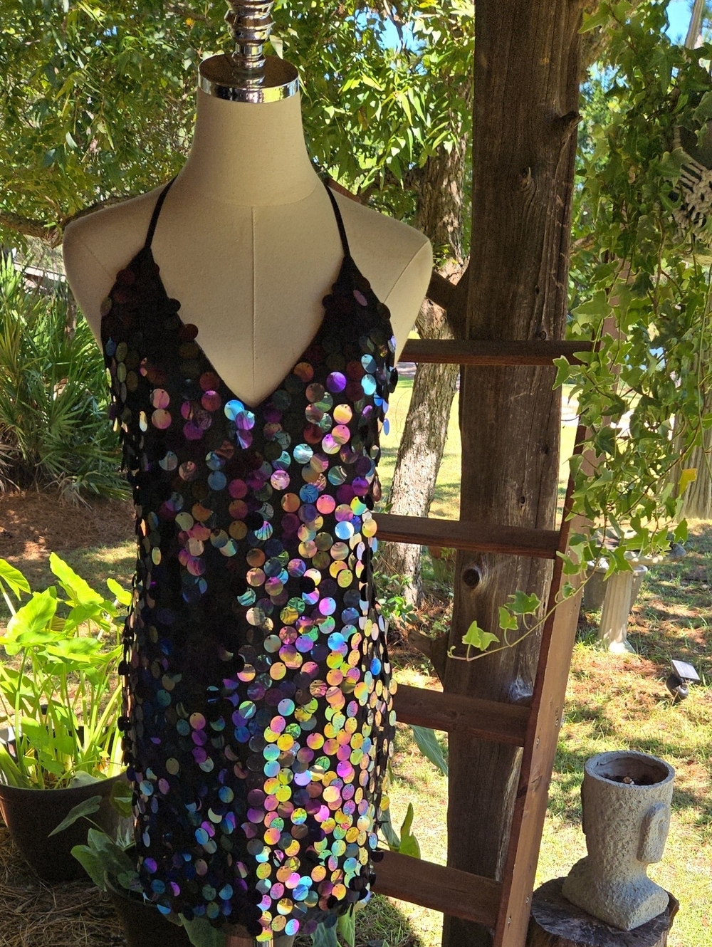 Forever 21 Large Round Shimmy Sequins T-strap Back Party Mini Dress Size Small